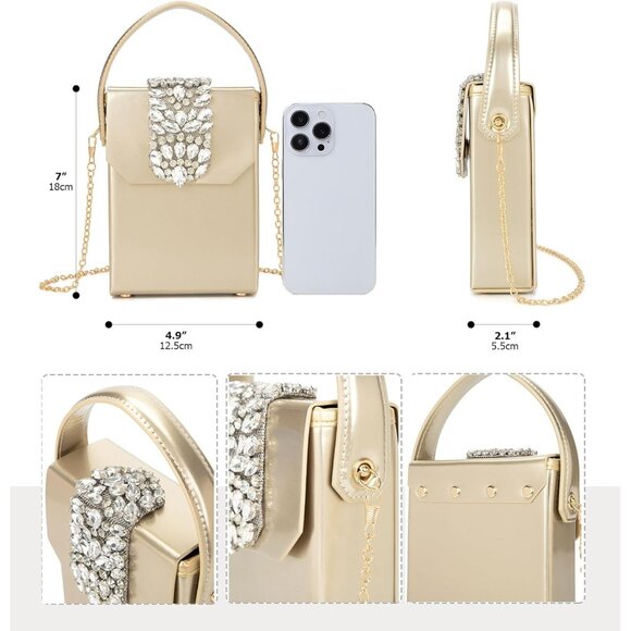 ⚡Women's Evening Rhinestone Box Detachable Chain Strap Tan Crystal Clutch Bag - Picture 3 of 6